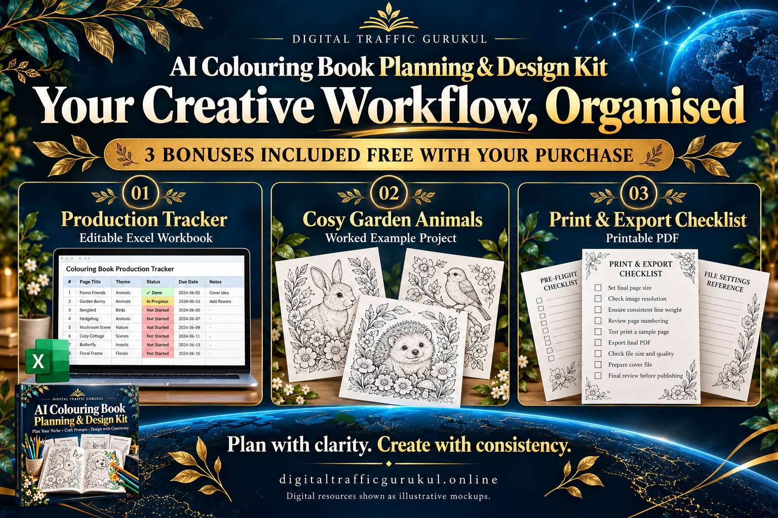 Three bonuses: Production Tracker, Cosy Garden Animals worked example and Print and Export Checklist